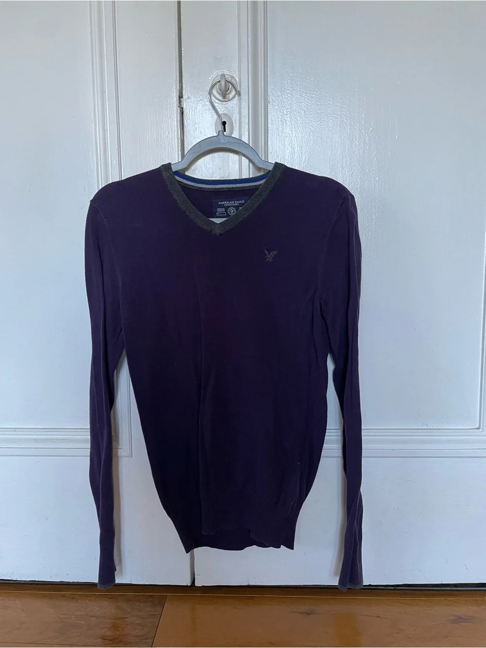 American Eagle Outfitters Men's V-Neck Sweater in Deep Purple with Contrast Trim